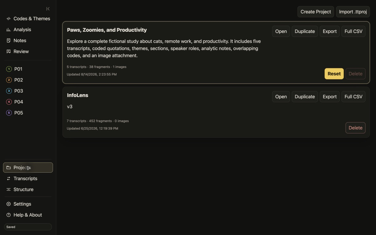 Local project browser showing Thematic Thing research projects.