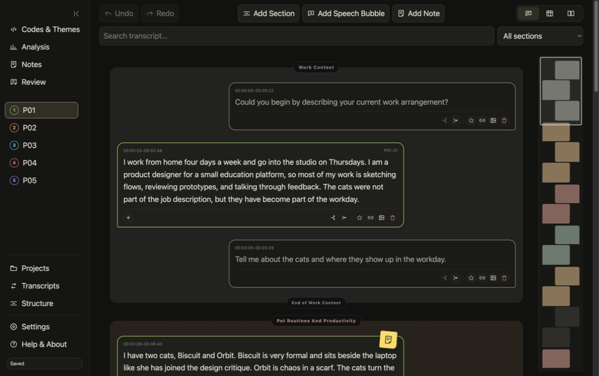 Conversation-style transcript view with participant navigation and a transcript minimap.