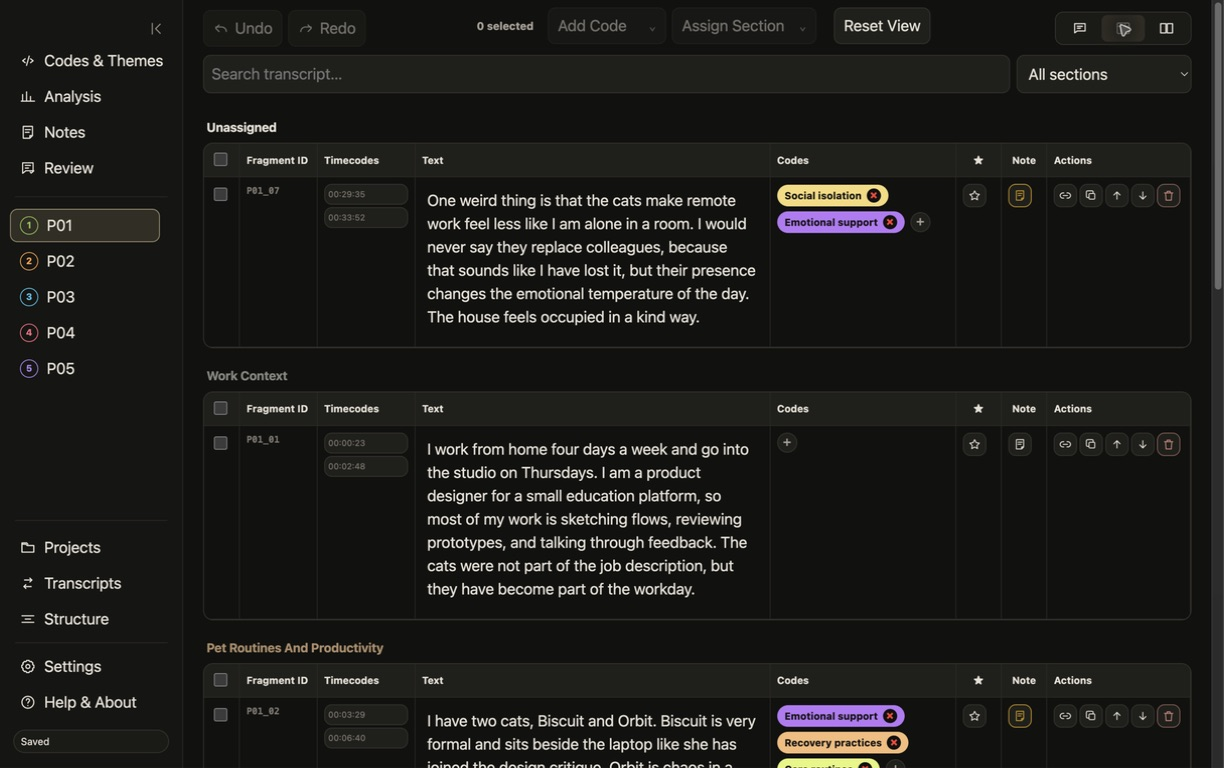 Participant fragments table with source text, codes, notes, and traceability actions.