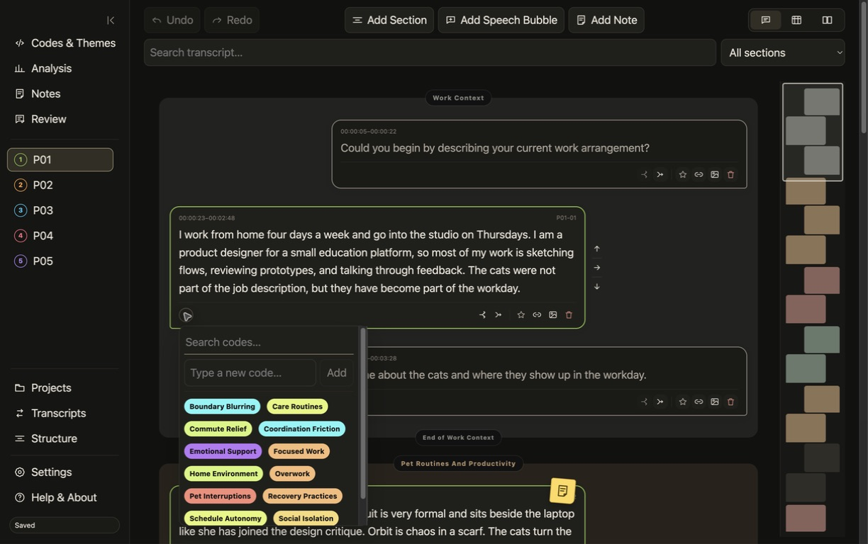 Transcript coding view with the code picker open beside a selected extract.