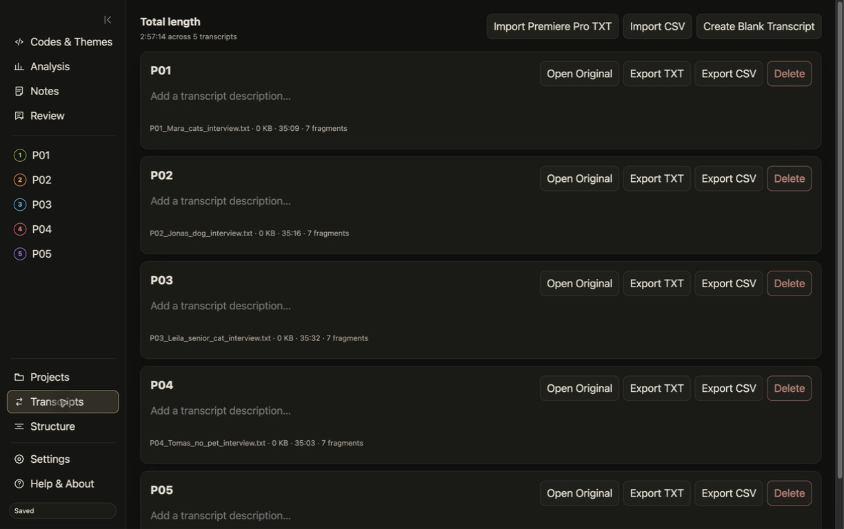 Transcript management view showing project transcripts and their status.