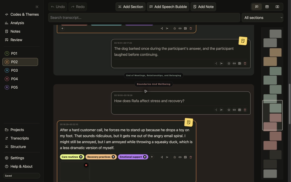 Thematic Thing transcript showing observer notes, participant speech, coded extracts, and the minimap.