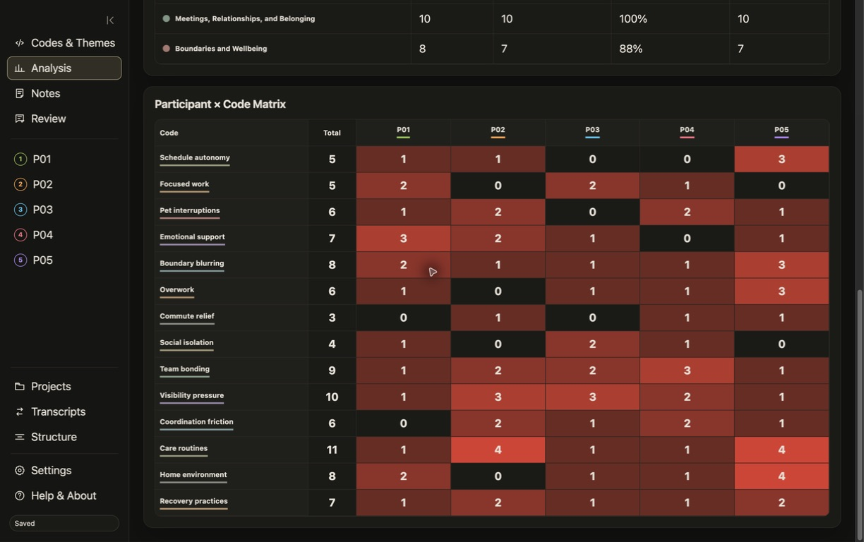 Participant-by-code analysis matrix showing the distribution of coded material.